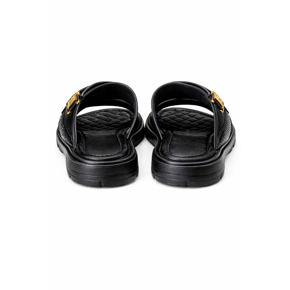 Mens Black Slip On Strap Sandal with Metal Accent